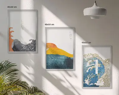 Conjunto de quadros para sala de estar com estampa de ondas em estilo gráfico japonês