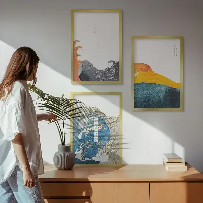 Conjunto de quadros para sala de estar com estampa de ondas em estilo gráfico japonês