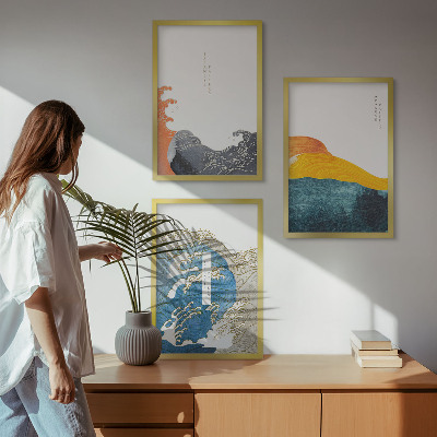 Conjunto de quadros para sala de estar Ondas de estilo gráfico japonês