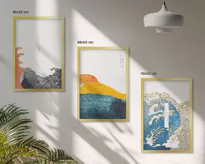 Conjunto de quadros para sala de estar com estampa de ondas em estilo gráfico japonês