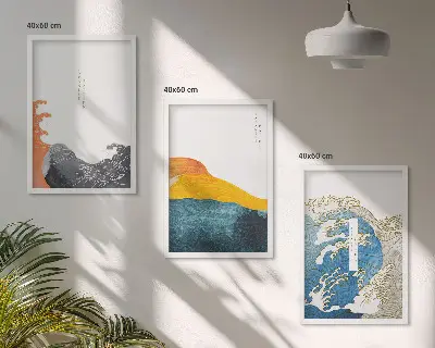 Conjunto de quadros para sala de estar com estampa de ondas em estilo gráfico japonês