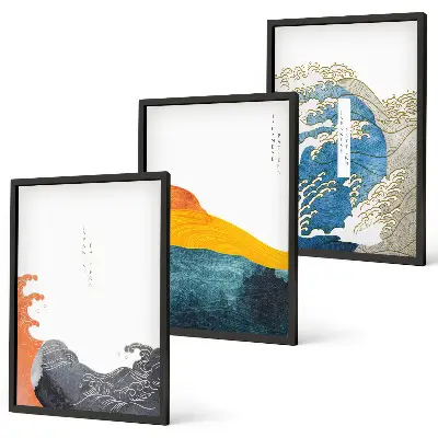 Conjunto de quadros para sala de estar com estampa de ondas em estilo gráfico japonês