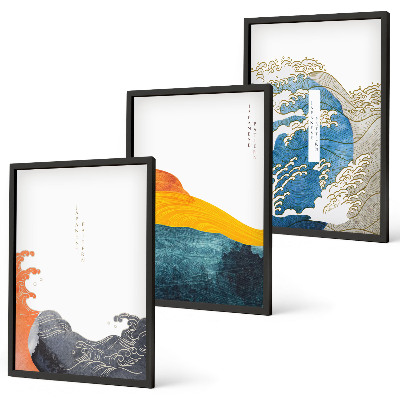 Conjunto de quadros para sala de estar Ondas de estilo gráfico japonês