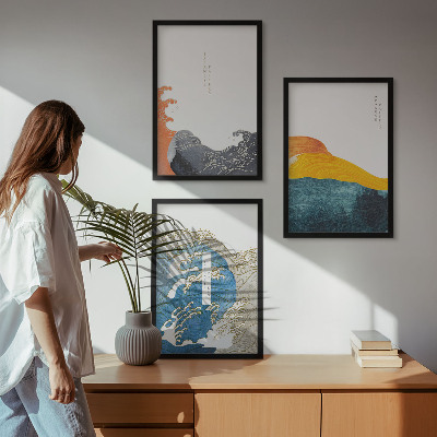 Conjunto de quadros para sala de estar Ondas de estilo gráfico japonês