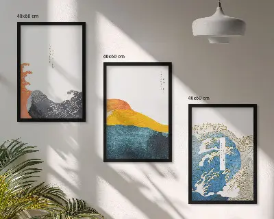 Conjunto de quadros para sala de estar com estampa de ondas em estilo gráfico japonês