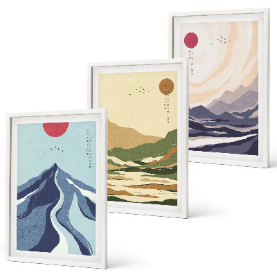 Conjunto de 3 quadros com moldura Montanhas em tons pastel, estilo japonês