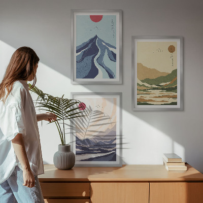 Conjunto de 3 quadros com moldura Montanhas em tons pastel, estilo japonês