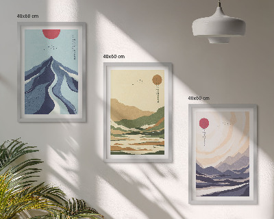 Conjunto de 3 quadros com moldura Montanhas em tons pastel, estilo japonês