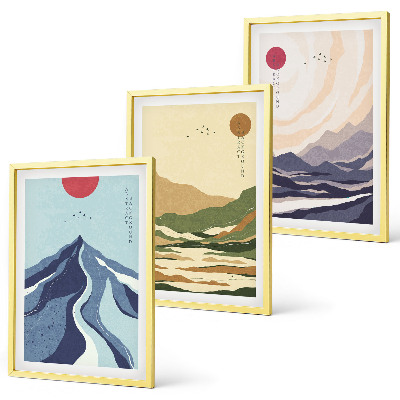 Conjunto de 3 quadros com moldura Montanhas em tons pastel, estilo japonês