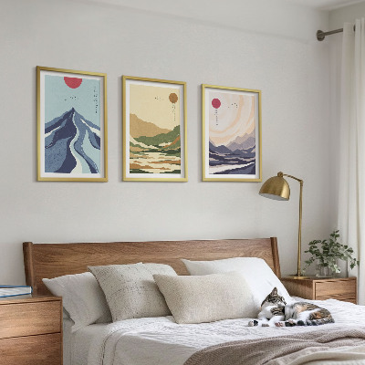 Conjunto de 3 quadros com moldura Montanhas em tons pastel, estilo japonês