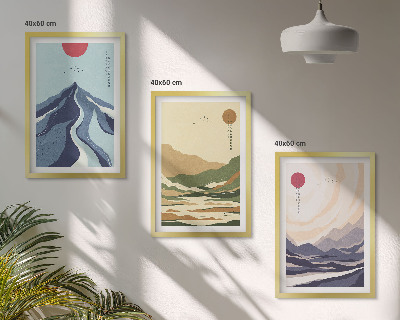 Conjunto de 3 quadros com moldura Montanhas em tons pastel, estilo japonês