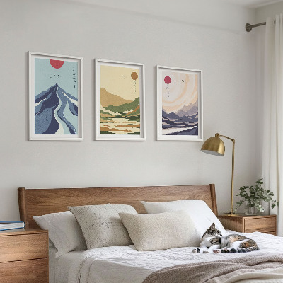 Conjunto de 3 quadros com moldura Montanhas em tons pastel, estilo japonês