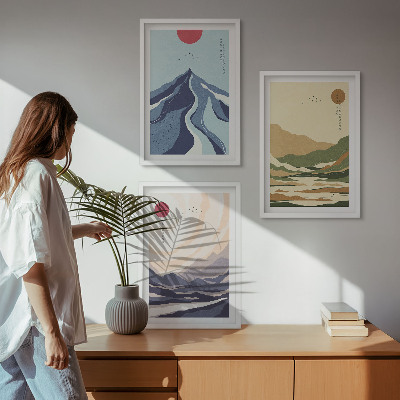 Conjunto de 3 quadros com moldura Montanhas em tons pastel, estilo japonês