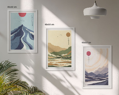 Conjunto de 3 quadros com moldura Montanhas em tons pastel, estilo japonês