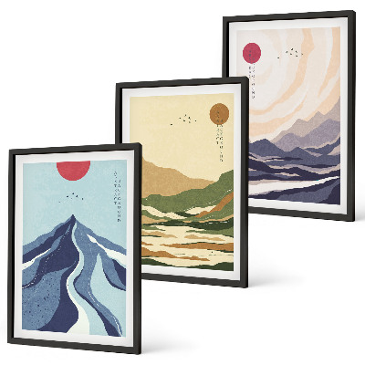 Conjunto de 3 quadros com moldura Montanhas em tons pastel, estilo japonês