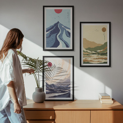 Conjunto de 3 quadros com moldura Montanhas em tons pastel, estilo japonês