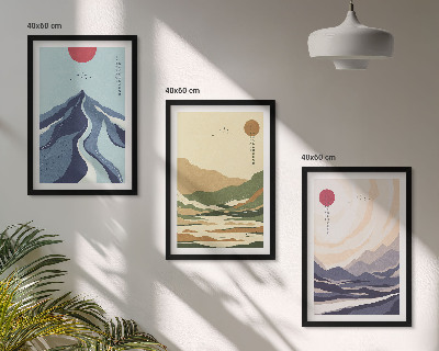 Conjunto de 3 quadros com moldura Montanhas em tons pastel, estilo japonês