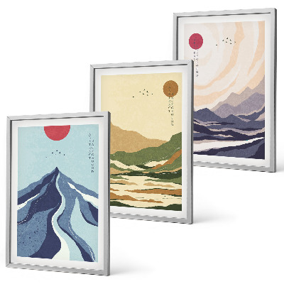 Conjunto de 3 quadros com moldura Montanhas em tons pastel, estilo japonês