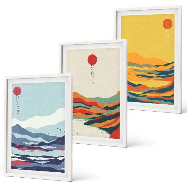 Conjunto de quadros para sala de estar abstração de rio com montanhas coloridas