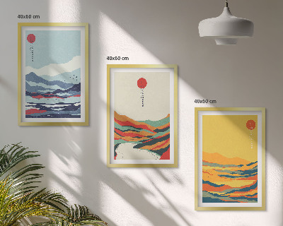 Conjunto de quadros para sala de estar abstração de rio com montanhas coloridas