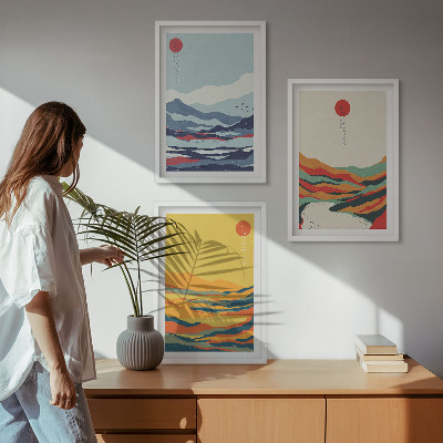 Conjunto de quadros para sala de estar abstração de rio com montanhas coloridas