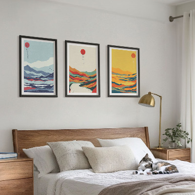 Conjunto de quadros para sala de estar abstração de rio com montanhas coloridas