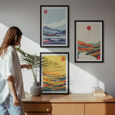 Conjunto de quadros para sala de estar abstração de rio com montanhas coloridas