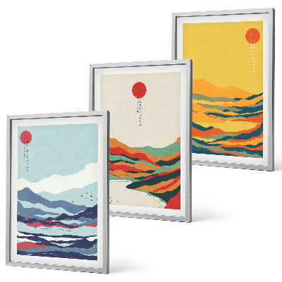 Conjunto de quadros para sala de estar abstração de rio com montanhas coloridas