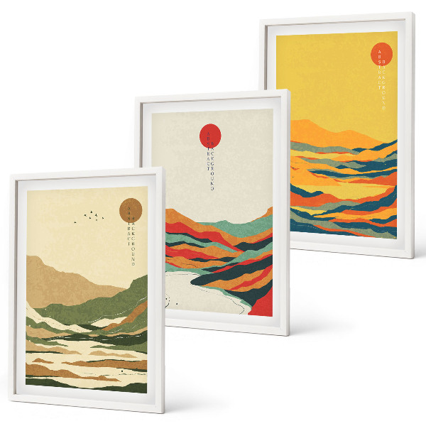Conjunto de 3 quadros com moldura Padrões coloridos das montanhas do rio Japandi