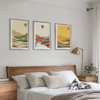 Conjunto de 3 quadros com moldura Padrões coloridos das montanhas do rio Japandi