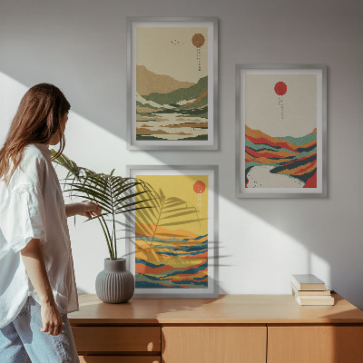 Conjunto de 3 quadros com moldura Padrões coloridos das montanhas do rio Japandi