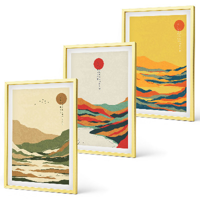 Conjunto de 3 quadros com moldura Padrões coloridos das montanhas do rio Japandi