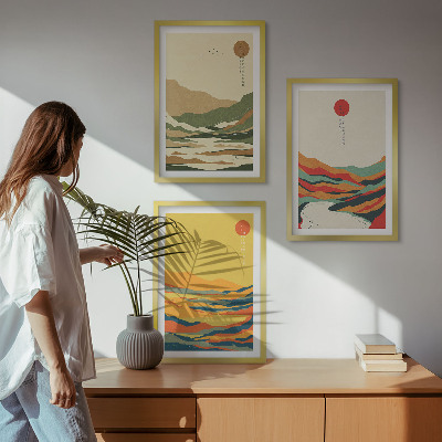 Conjunto de 3 quadros com moldura Padrões coloridos das montanhas do rio Japandi