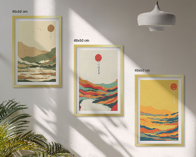 Conjunto de 3 quadros com moldura Padrões coloridos das montanhas do rio Japandi