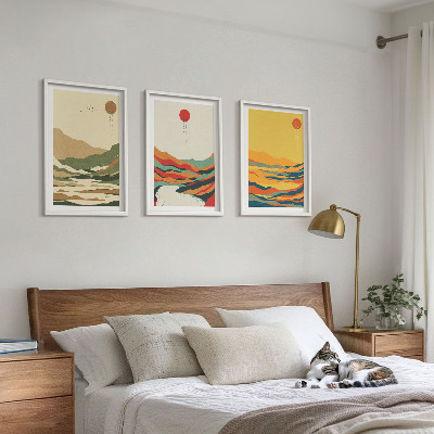 Conjunto de 3 quadros com moldura Padrões coloridos das montanhas do rio Japandi