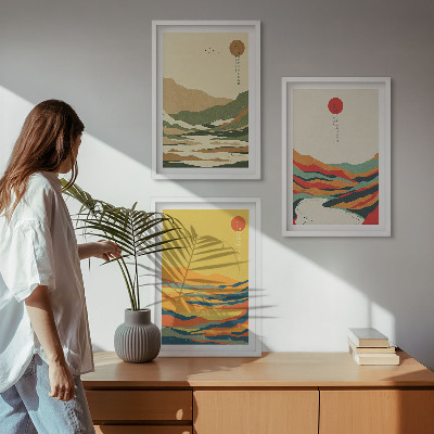 Conjunto de 3 quadros com moldura Padrões coloridos das montanhas do rio Japandi