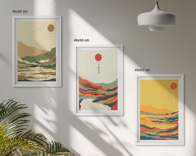 Conjunto de 3 quadros com moldura Padrões coloridos das montanhas do rio Japandi