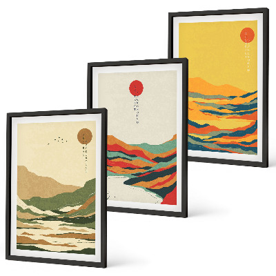Conjunto de 3 quadros com moldura Padrões coloridos das montanhas do rio Japandi