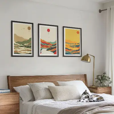 Conjunto de 3 quadros com moldura com padrões coloridos das montanhas estilo Japandi