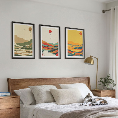 Conjunto de 3 quadros com moldura Padrões coloridos das montanhas do rio Japandi