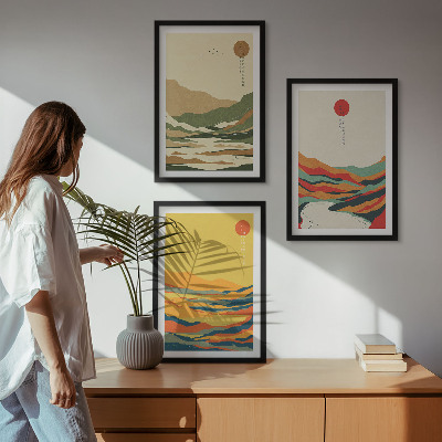 Conjunto de 3 quadros com moldura Padrões coloridos das montanhas do rio Japandi