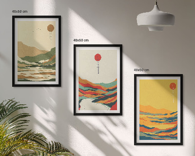 Conjunto de 3 quadros com moldura Padrões coloridos das montanhas do rio Japandi