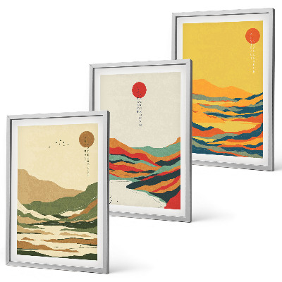 Conjunto de 3 quadros com moldura Padrões coloridos das montanhas do rio Japandi