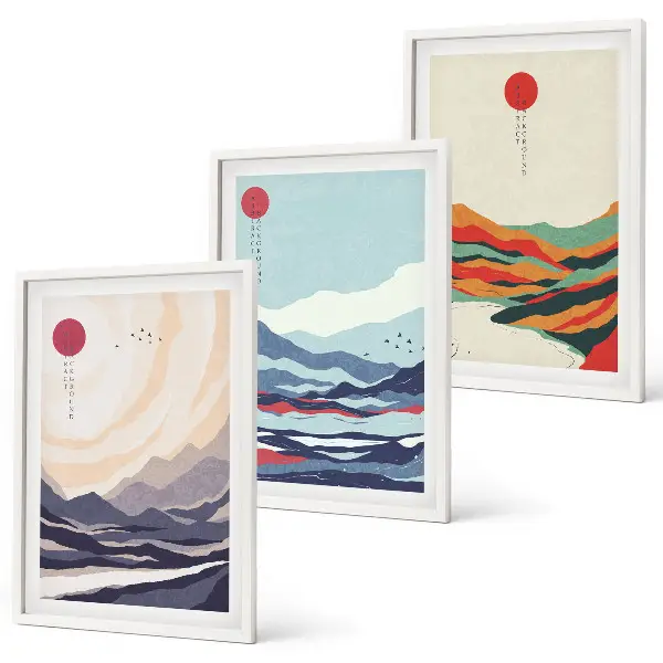Conjunto de quadros para sala de estar com estampas de abstrações de montanhas japonesas