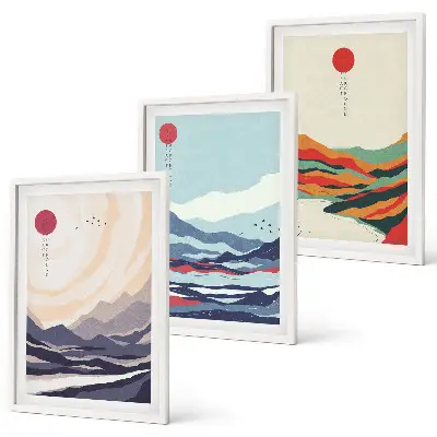 Conjunto de quadros para sala de estar com estampas de abstrações de montanhas japonesas