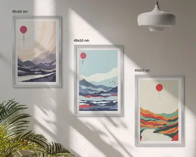 Conjunto de quadros para sala de estar com estampas de abstrações de montanhas japonesas