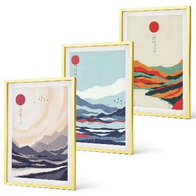 Conjunto de quadros para sala de estar com estampas de abstrações de montanhas japonesas