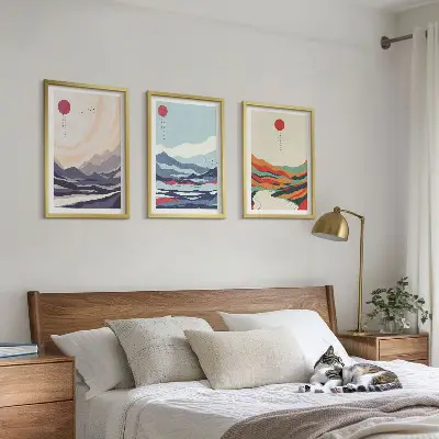 Conjunto de quadros para sala de estar com estampas de abstrações de montanhas japonesas