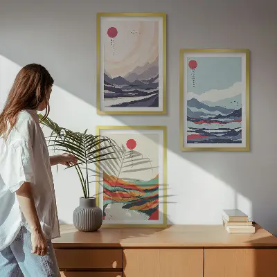 Conjunto de quadros para sala de estar com estampas de abstrações de montanhas japonesas