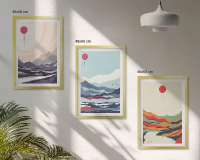 Conjunto de quadros para sala de estar com estampas de abstrações de montanhas japonesas